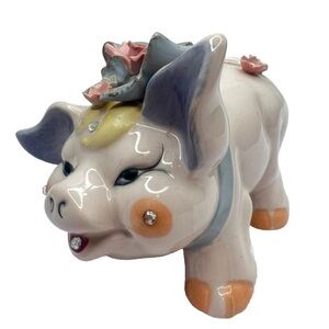 Vintage Lefton Ceramic Jeweled Pink Piggy Bank Flowers Rhinestones Kitschy Cute